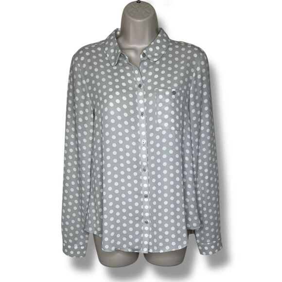 Loft Ann Taylor Gray Polka Dot Button Front Blouse Peter Pan Collar Women Small - Picture 1 of 10